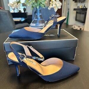 Nina Tucker Crystal Dress Pump, New Navy Luster Satin Size 6.5 6 1/2